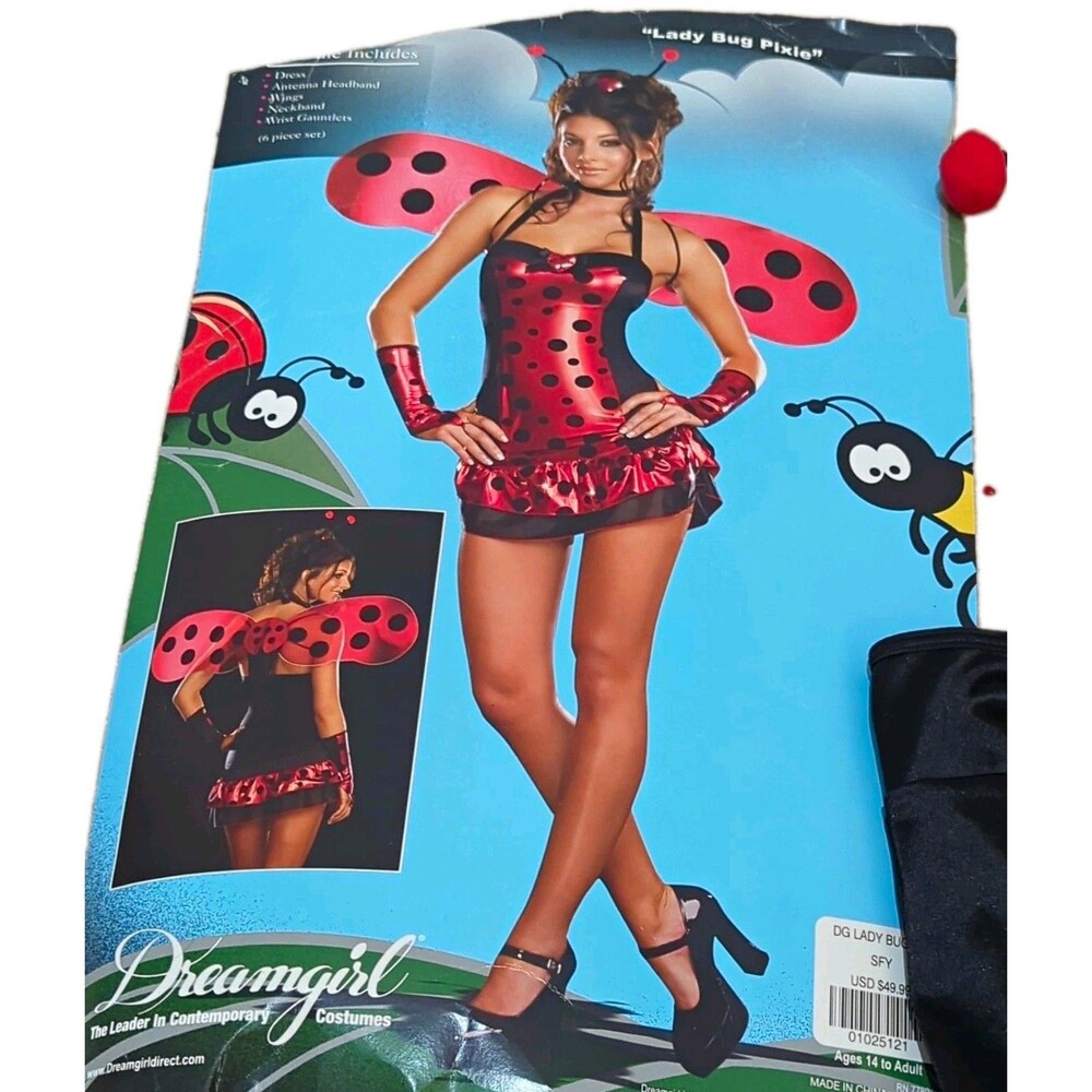 Dreamgirl Lady Bug Pixie Halloween Costume Set Dress Wings Red/Black S